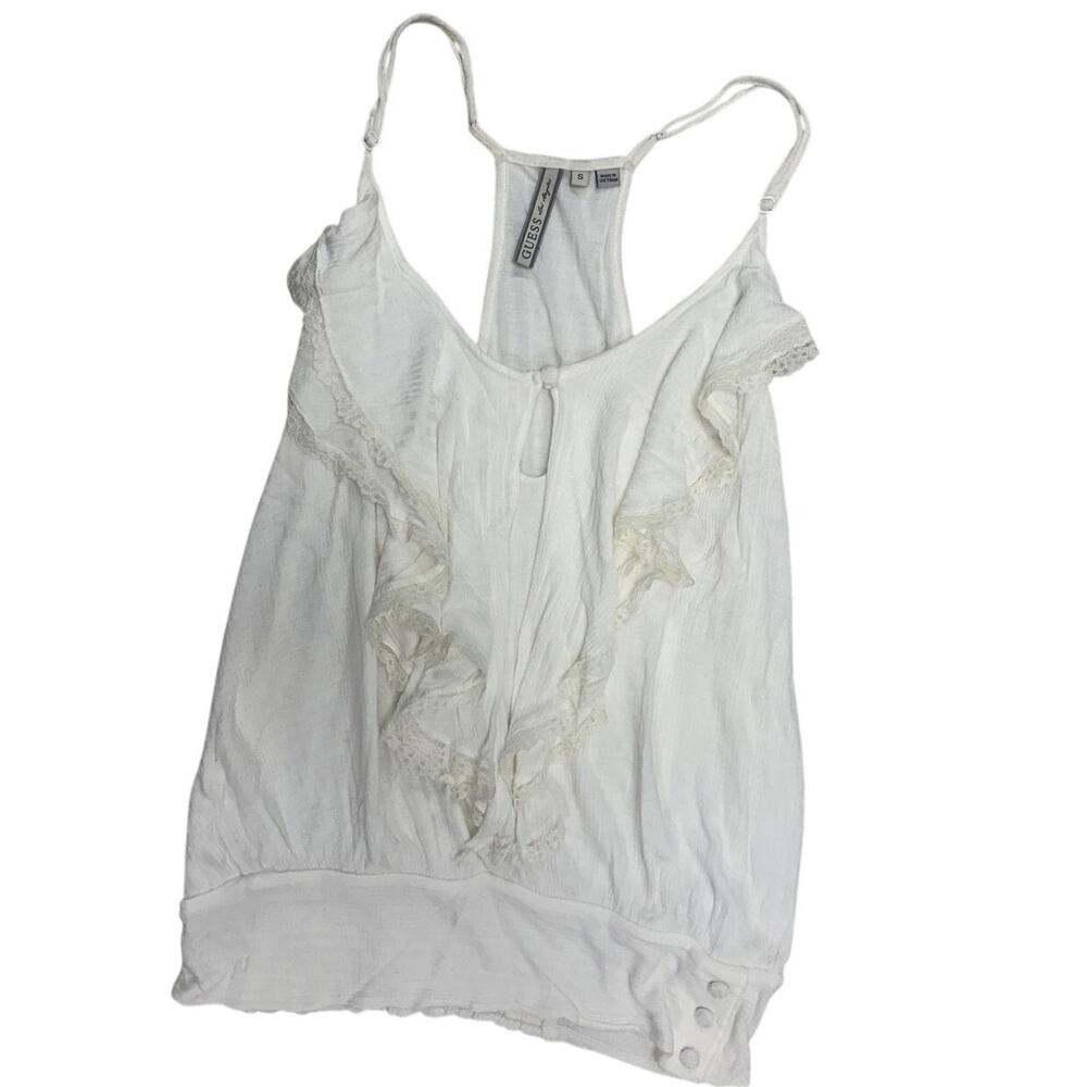 Guess Lace Tank Top 🤍🌸 White Spaghetti‑Strap Ruffle Tank - Size S
